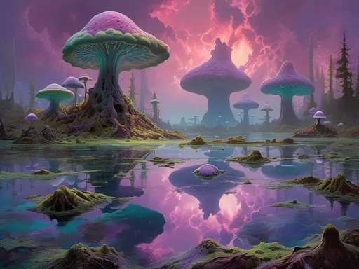 Prompt: <mymodel> Mushroom Swamp with Crystal Lakes
"A swamp where gigantic, bioluminescent mushrooms tower over pools of still, crystal-clear water, their caps glowing in soft purples and greens, and the ground covered in a thick, mossy carpet that radiates warmth in the cool, misty air, with the lakes reflecting the surreal landscape in perfect clarity."