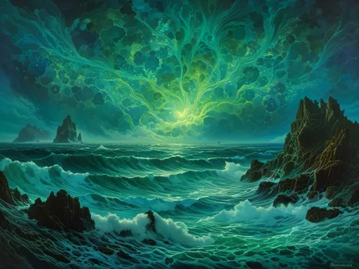 Prompt: <mymodel>Bioluminescent Ocean
"A high-altitude view of a vast, bioluminescent ocean at night, its surface glowing with swirling patterns of blue and green light, with large, glowing creatures moving just beneath the waves, creating ripples of light that radiate outwards across the dark water."