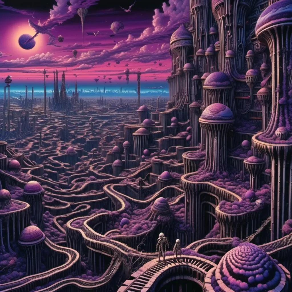 Prompt: <mymodel> Imagine a desolate plain stretching into a bruised violet twilight. In the distance, colossal, skeletal structures, perhaps the decaying husks of megacities, pierce the ink-black sky. Their surfaces are not smooth bone, but a nightmarish conglomeration of ribbed flesh and pulsating machinery, reminiscent of Giger's biomechanical nightmares.
In the foreground, colossal, bony figures, vaguely humanoid but warped by Beksinski's grotesque touch, lumber across the wasteland. Their forms are emaciated and indistinct, shrouded in tattered cloaks that resemble peeling flesh. An oily sheen coats the barren ground, reflecting the dying light in an unnatural, sickly way. The only sound is the rasping wind, whispering through the skeletal city's metallic tendrils.
