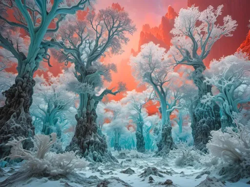 Prompt: <mymodel> Frozen Coral Forest
"A sprawling, frozen landscape where towering coral formations rise like trees from the icy ground, their once-vibrant colors muted by frost, and the air filled with delicate snowflakes that catch the light from the distant, cold sun, creating a surreal, underwater effect."