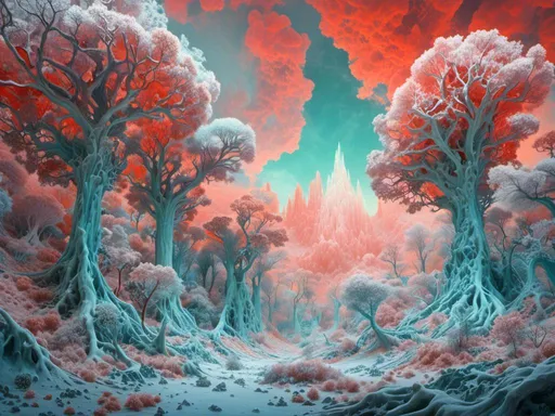 Prompt: <mymodel> Frozen Coral Forest
"A sprawling, frozen landscape where towering coral formations rise like trees from the icy ground, their once-vibrant colors muted by frost, and the air filled with delicate snowflakes that catch the light from the distant, cold sun, creating a surreal, underwater effect."