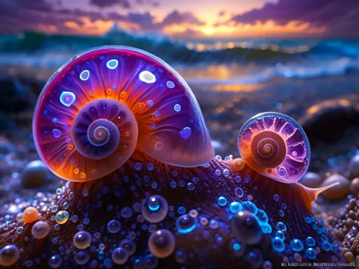 Prompt: <mymodel>Glowing Orb Snails
"A macro view of small, orb-shaped snails with translucent shells that glow faintly in shades of blue and violet, their soft, jelly-like bodies trailing behind as they slowly glide over the wet, rocky surface of the tide-pool."