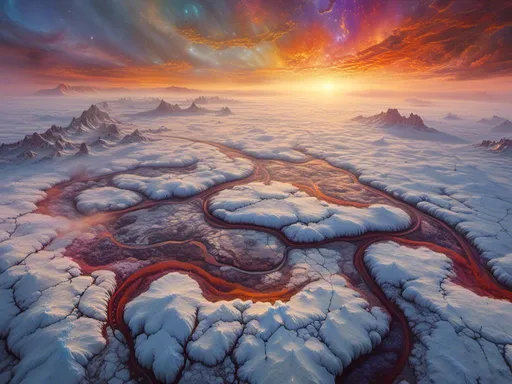 Prompt: <mymodel>Icy Tundra with Geysers
"A bird’s-eye view of a frozen tundra where the ground is a patchwork of snow and ice, interrupted by steaming geysers that shoot bursts of multi-colored vapor into the air, forming intricate patterns that slowly drift across the icy landscape under a pale, alien sun."