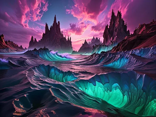 Prompt: <mymodel>  Aurora Seas:Description: A vast ocean-like expanse of liquid that glows with shifting colors, resembling the auroras seen in Earth's polar regions. The "sea" is teeming with bioluminescent life forms, some of which float in the air, drifting above the surface. The horizon is marked by towering, luminescent waves that never crash.