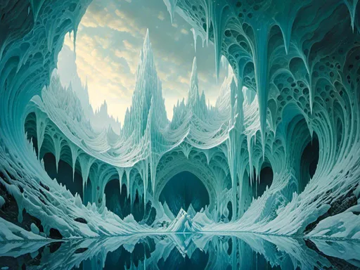 Prompt: <mymodel> A frozen ocean world where the ice is alive, constantly shifting and forming new structures, creating towering glaciers and labyrinthine tunnels that move and grow like a living entity. Beneath the surface, luminescent creatures swim through the liquid core, their light casting eerie shadows that dance across the ever-changing ice.
