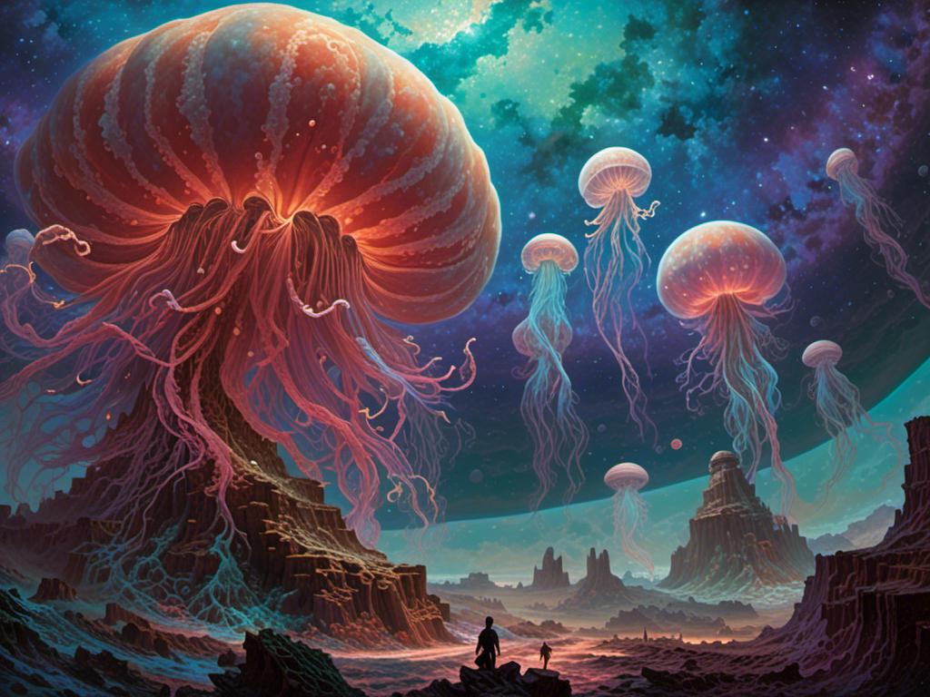 Prompt: <mymodel> A colossal, sentient jellyfish drifts through space, its translucent body housing an entire civilization that thrives within its protective dome of living tissue. The tendrils extend for miles, weaving through asteroid fields and absorbing energy from distant stars to sustain its inhabitants.