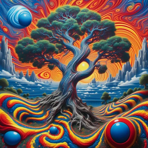 Prompt: <mymodel> Synthetic Landscapes

a painting of a tree with a blue ball in the background and a red and yellow swirl around it, Alex Grey, psychedelic art, chaos, an airbrush painting