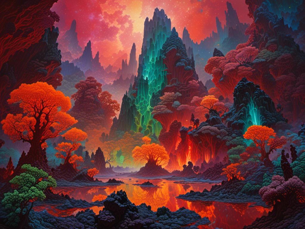 Prompt: <mymodel> Crystal Jungle with Lava Rivers
"A dense, tropical jungle where the trees have crystalline trunks that reflect the fiery glow of molten lava rivers winding through the forest, with iridescent foliage shimmering in the intense heat and casting prismatic shadows across the volcanic ground."