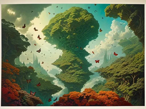 Prompt: <mymodel> An endless, floating archipelago of islands composed entirely of enormous leaves, suspended in a sky of swirling gas and drifting embers. The islands are connected by vines that grow and retract like living bridges, and the inhabitants glide between them on the backs of massive, sentient butterflies.