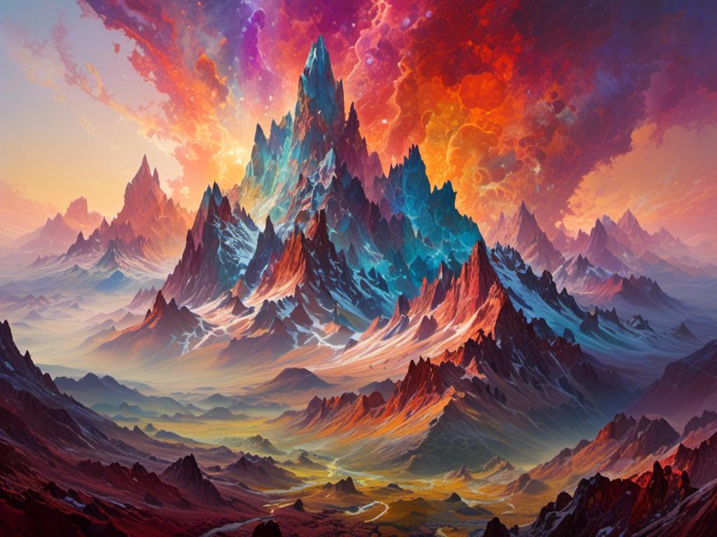 Prompt: <mymodel>Crystalline Mountain Range
"A wide-angle aerial view of a mountain range made entirely of towering crystal spires that catch and refract the light of a giant, alien sun, creating a dazzling array of colors that sweep across the landscape, with deep, shadowy valleys between the peaks filled with mist."