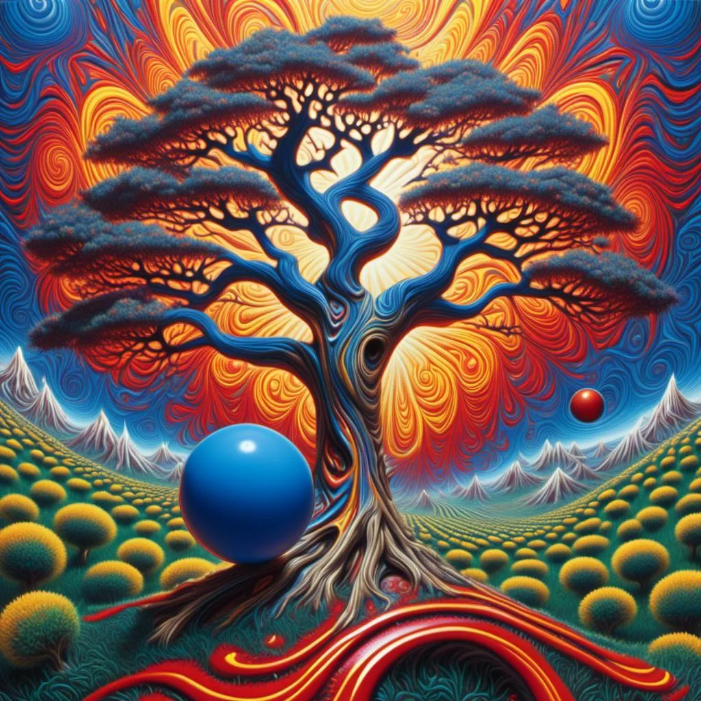Prompt: <mymodel> Synthetic Landscapes

a painting of a tree with a blue ball in the background and a red and yellow swirl around it, Alex Grey, psychedelic art, chaos, an airbrush painting