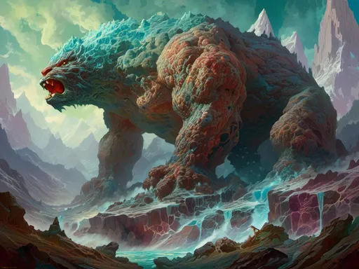 Prompt: In style of  <mymodel>: 
Mountain Behemoth
"A gargantuan creature whose body is fused with the mountains themselves, its skin a mixture of rock and mineral. It slumbers for centuries, causing the mountains to grow around it, and when it awakens, entire ranges tremble and split. Its eyes are deep caverns filled with glowing crystals, and its breath is a dense fog that blankets the peaks."