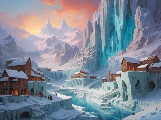 Prompt: <mymodel>An ancient, ice-covered city built within the crystalline walls of a glacier, where the buildings are carved from solid ice and connected by frozen bridges that shimmer in the pale light of a distant, dying sun.