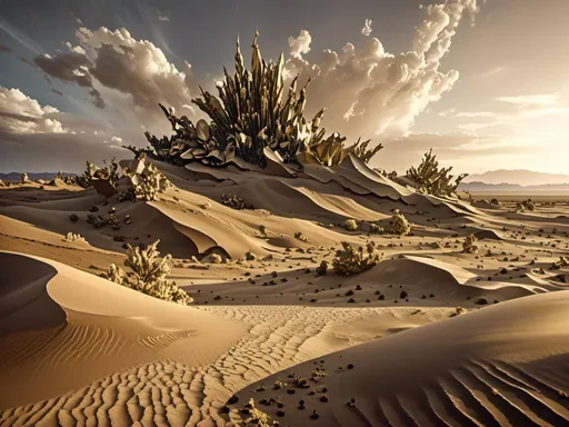 Prompt: <mymodel> Metallic Desert:Description: An expansive desert where the sand is composed of fine metallic particles. The dunes glisten in the sunlight, and occasional lightning storms magnetize the sands, creating temporary, ever-shifting sculptures. The few life forms here have metallic exoskeletons and feed on the minerals in the sand.