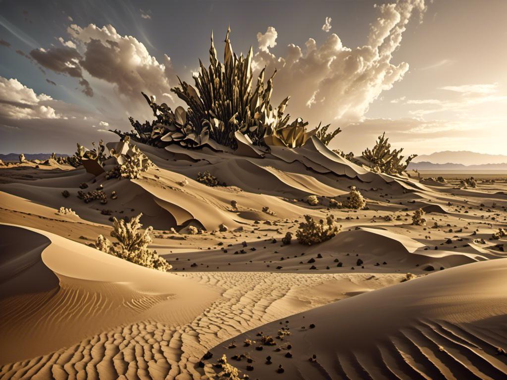 Prompt: <mymodel> Metallic Desert:Description: An expansive desert where the sand is composed of fine metallic particles. The dunes glisten in the sunlight, and occasional lightning storms magnetize the sands, creating temporary, ever-shifting sculptures. The few life forms here have metallic exoskeletons and feed on the minerals in the sand.