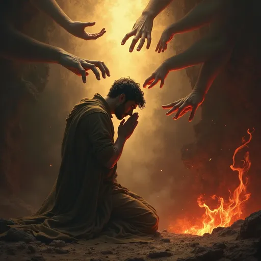 Prompt: Dante from Dante’s inferno on his knees praying and his head down, hands reaching out to him and a light shining on him, with Beatrice’s soul embracing him