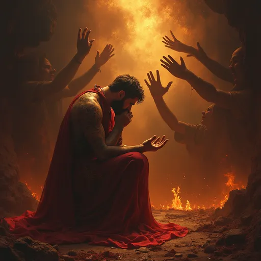 Prompt: Dante from Dante’s inferno on his knees praying and his head down, hands reaching up to him from hell and a light shining on him, with Beatrice’s soul embracing him