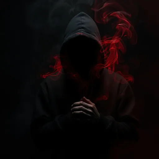 Prompt: A half-body portrait of a mysterious person wearing a dark hoodie, standing in a dimly lit, atmospheric setting. The hood is pulled low, completely covering and hiding the face — no facial features are visible at all, only pure darkness within the hood. From the deep shadows inside the hood, vivid red smoke slowly emerges, curling upward and outward in elegant, wispy patterns. The red smoke glows faintly as it drifts into the air, casting soft red highlights along the inner edges of the hood and shoulders. Additional red mist spreads subtly around the outer parts of the figure, creating an ethereal aura that gives the impression of quiet power and mystery.

The lighting is dramatic and moody, with a strong focus on contrast — dark blacks and deep shadows balanced by glowing red tones and soft reflections of light on the hoodie fabric. The person’s hands are clasped calmly together near chest level, suggesting focus, confidence, and inner strength. The background is minimalist, dark and smoky, with slight hints of red and black gradients blending seamlessly to emphasize the subject. The composition feels cinematic and aura-filled, capturing a sense of calm intensity, mystery, and controlled energy.

Style: hyper-realistic, cinematic lighting, soft shadows, detailed texture on the hoodie, realistic smoke simulation, red energy effects, 4K ultra-detailed photography aesthetic.
