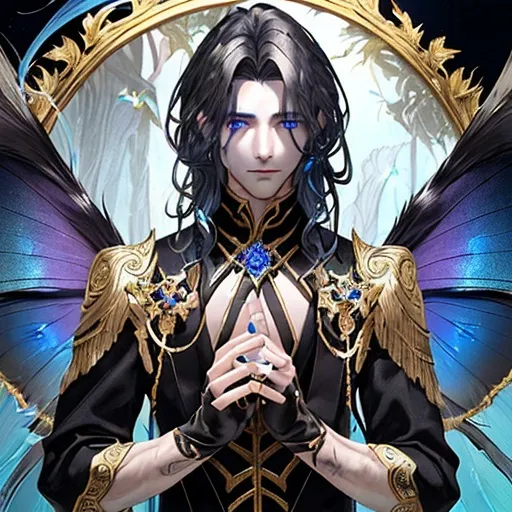 Prompt: A male fairy. He has dark gray clothing that shines with gold decorations and blue gems. His hair is long dark brown. He has black with light brown moth wings. He has dark blue eyes.