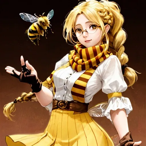 Prompt: A bee fairy. She has bee wings, her eyes are brown and she wears large round glasses. She has blonde hair tied in two braids. She wears brown fingerless gloves. She wears a yellow and brown stripes scarf and sleeves with yellow and brown stripes.