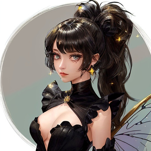 Prompt: A fairy. She has a black dress that shines with golden sparkles. Her hair is black and long tied in a high ponytail. She has light brown ladybug wings. She has hazel eyes