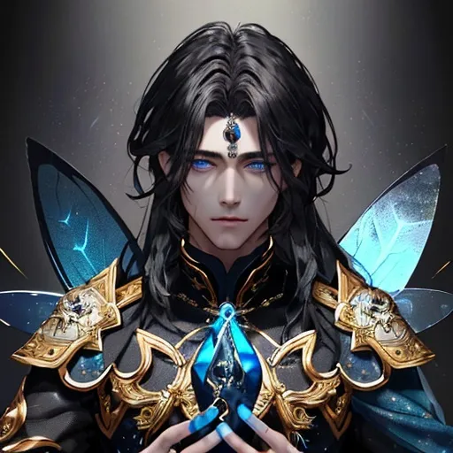 Prompt: A fairy. He has dark gray clothing that shines with gold decorations and blue gems. His hair is long dark brown. He has black with light brown moth wings. He has dark blue eyes.