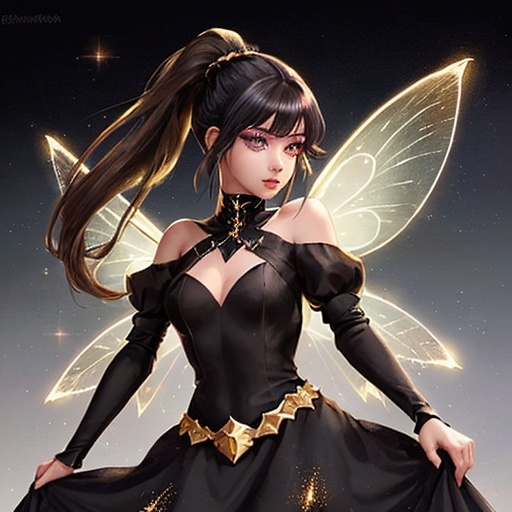 Prompt: A fairy. She has a black dress that shines with golden sparkles. Her hair is black and long tied in a high ponytail. She has light brown ladybug wings. She has hazel eyes