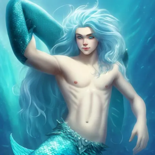 Prompt: A merman with long white hair