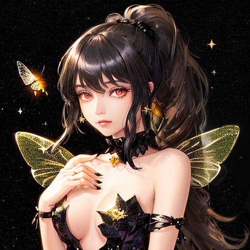 Prompt: A fairy. She has a black dress that shines with golden sparkles. Her hair is black and long tied in a high ponytail. She has light brown ladybug wings.