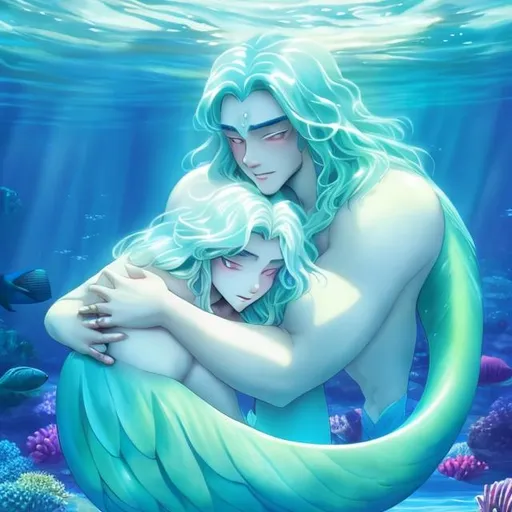 Prompt: A merman with long white hair hugging another merman with white hair.