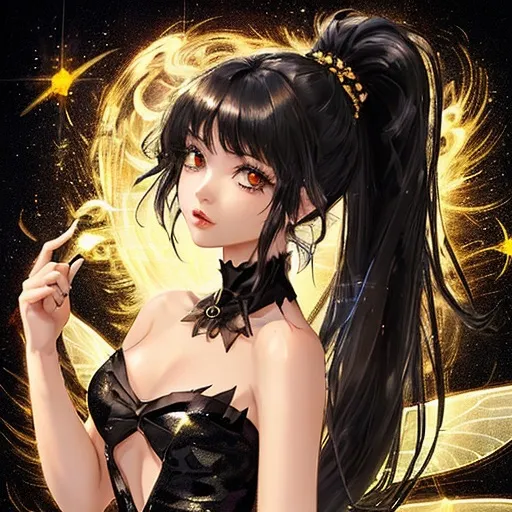 Prompt: A fairy. She has a black dress that shines with golden sparkles. Her hair is black and long tied in a high ponytail. She has light brown ladybug wings.