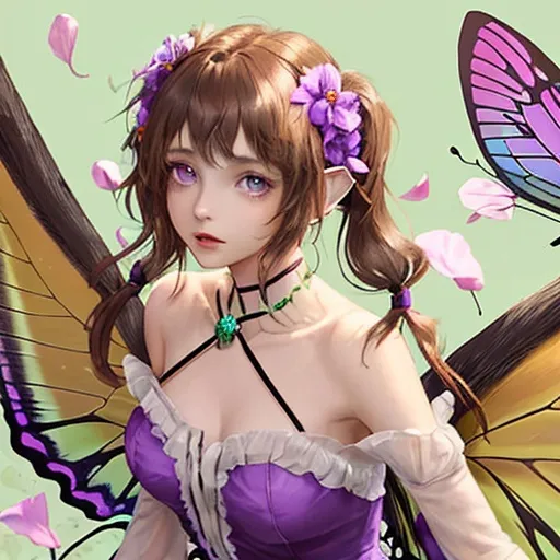 Prompt: A fairy. She has brown and bright green butterfly wings, her eyes are opaque red, she has shoulder-length brown hair tied in two low pigtails. She wears a dress made of purple flower petals