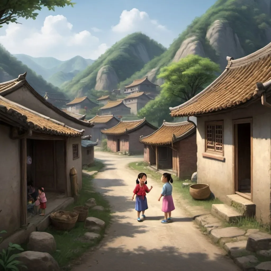 Prompt: Act 1: Humble Beginnings

[Scene: A rural village in China. Mei, a young girl, is seen playing with other children amidst modest surroundings.]

Narrator: In a quaint village nestled among the hills of rural China, lived a young girl named Mei. Born into humble beginnings, Mei knew the challenges of poverty all too well.