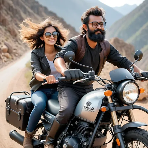 Prompt: A guy who has a beard and short hair and has black framed glasses driving his adventure tourer bike (Royal Enfield Himalayan 450) and his girlfriend sitting behind him as a pillion and she looks so pretty with wavy hair and black framed glasses and she is holding the guy while riding