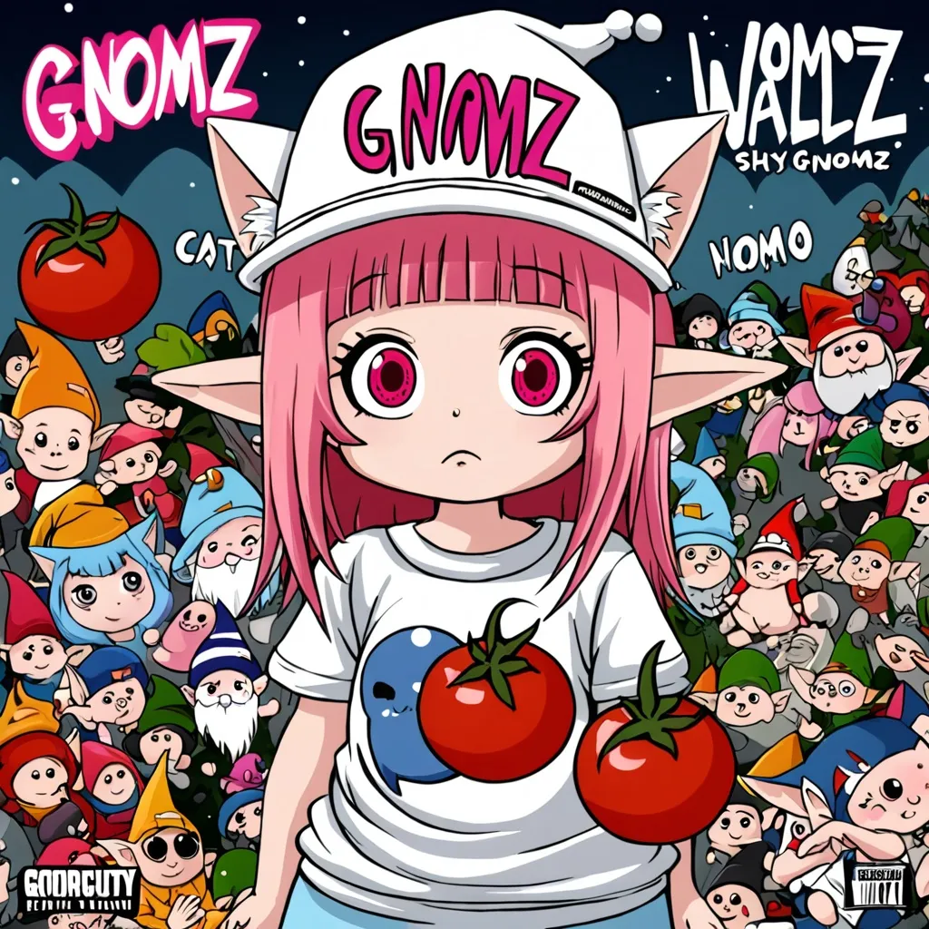 Prompt: anime, girl wearing hat, detailed, pink hair, shy, cat ears, very detailed, gnomes, hip hop style, hip hop album cover, G-Nomz N Da Wallz featuring Ghost Baby Tomato