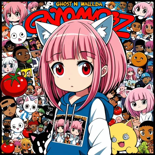 Prompt: anime, girl, detailed, pink hair, shy, cat ears, very detailed, hip hop style, hip hop album cover, G-Nomz N Da Wallz featuring Ghost Baby Tomato