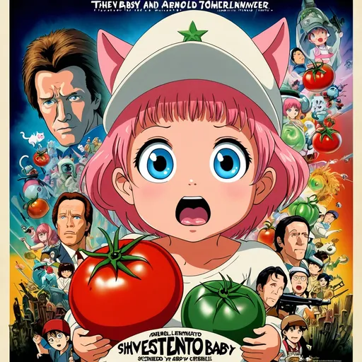 Prompt: anime, girl wearing hat, detailed, pink hair, shy, cat ears, very detailed, a stunning hollywood movie poster titled "Ghost Baby Tomato", vibrant and dynamic, starring Arnold Schwarzenegger and Rob Schneider, irreverent comedy, in the style of Studio Ghibli