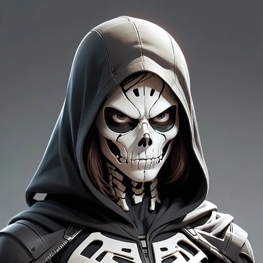 Prompt: girl in a black hood; face is covered with a FULL face mask with a white skeleton scowl. overall her superhero costume is unisex, black colored with a few patches of white, assassin style. DC universe. diffuse & cybernetic, sci-fi, glowing × muted, melancholic, gloomy, vector graphics, clipart