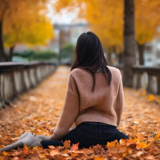 Prompt: Create an image of beautiful girl from back 
with black hair from backside sitting in fall weather 

