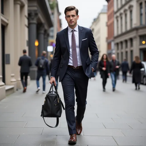 Prompt: a man in a suit and tie walking down a street with a bag in his hand and a handbag in his other hand, Alexander Kucharsky, maximalism, neutral colors, a stock photo