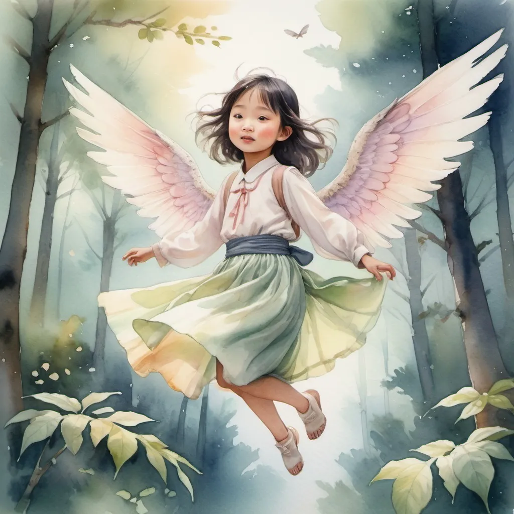 Prompt: Adorable 10-year-old Asian girl with small wings, practicing flight above a forest, charmingly clumsy, watercolor painting, whimsical, ethereal atmosphere, dreamy pastel tones, soft lighting, detailed traditional clothing, forest setting, cute and innocent, high quality, watercolor, whimsical, ethereal, detailed wings, charming, forest, pastel tones, soft lighting