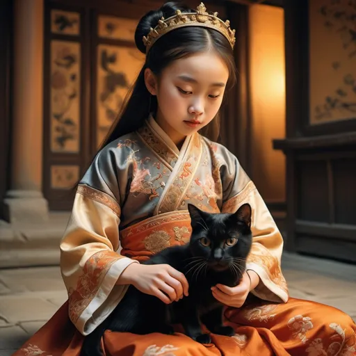 Prompt: Anachronistic illustration of a young girl in Tang dynasty attire, playing with a black cat in a European medieval castle, warm lighting, detailed embroidery on clothing, intricate architectural details, playful atmosphere, high quality, detailed, historic, anachronistic, medieval, warm lighting, playful, detailed clothing, cultural fusion