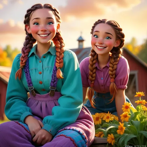 Prompt: Disney style farm girl with braids and a happy smile, vibrant colors, sunny