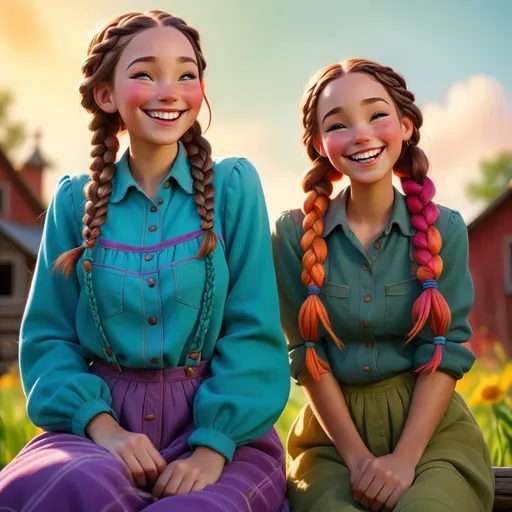 Prompt: Disney style farm girl with braids and a happy smile, vibrant colors, sunny