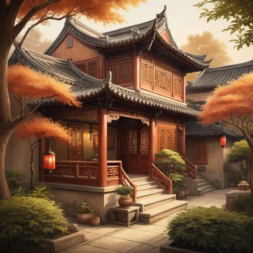Prompt: Warm-toned digital painting of a cozy home, traditional Chinese architecture, serene garden, intricate wooden details, inviting atmosphere, high-res, ultra-detailed, digital painting, traditional, warm tones, peaceful ambiance, intricate details, serene garden