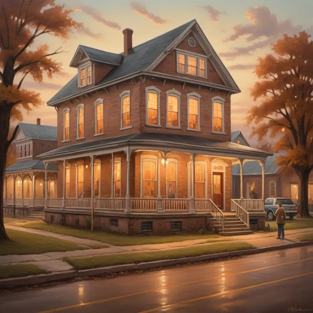 Prompt: Traditional oil painting of an old American town, vintage school building, new teacher arrival, warm and nostalgic atmosphere, detailed characters, high quality, traditional art style, warm tones, soft lighting, small-town vibes, detailed clothing, welcoming expressions, nostalgic, traditional, new teacher, vintage school, warm tones, soft lighting, detailed characters, small town vibes