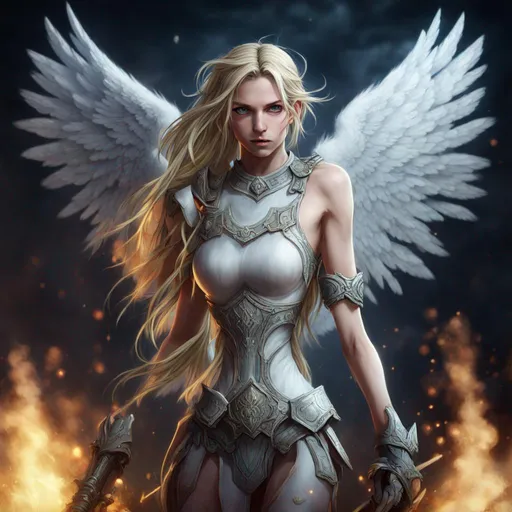 Prompt: Blonde haired angel standing on a battle field wielding a holy weapon. 