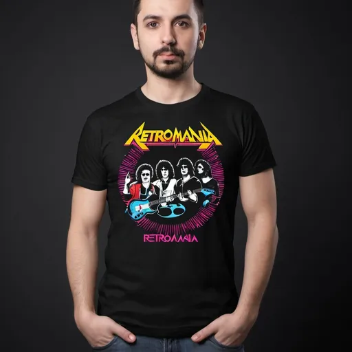 Prompt: Design black tshirt for 4 player band where players are abou 60 years and band plays 80s and 80s retro rock. Band name is retromania