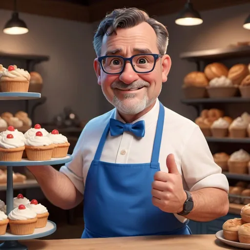 Prompt: realistic Disney pixar character, 3d render style, middle aged baker, cinematic colors, holding up trophy, glasses, pose for camera, bakery background, red bowtie, blue apron, not fat