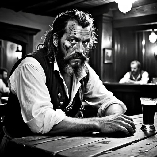 Prompt: B&W photograph of Blackbeard Pirate, drunk and dirty, not facing camera, looking at other gnarly looking crew members at a messy table in the distance, dimly lit and dirty tavern,  spilled drinks, many shadows, detailed, dramatic, moody and dangerous ambiance, intense gaze,  no ice in drinks, historic, professional, detailed clothing, textured background, black and white, B&W, no colour, dramatic in the style of Dirk Braeckman, B&W